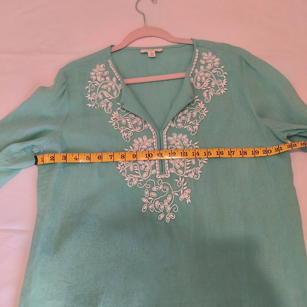 Charter Club  100% linen  green, embroidered rhinestones tunic size L - Picture 5 of 6